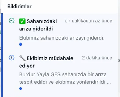 Santral sahibinin bildirimleri: Ekibimiz müdahale ediyor ve Sahanızdaki arıza giderildi